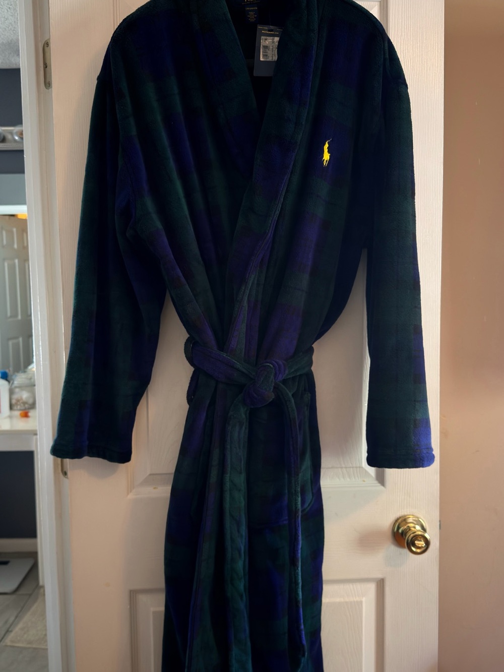 Polo by Ralph Lauren Dark Green & Navy Plaid Fleece Bath Robe with Yellow Pony